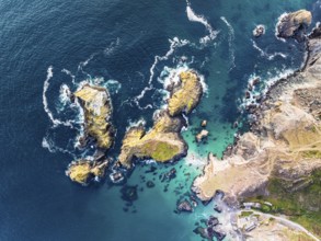 Top Down view over Kynance Cove from a drone, Mount's Bay, Lizard Point, Cornwall, England, United