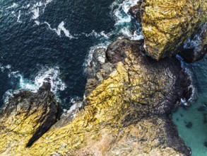 Top Down view over Kynance Cove from a drone, Mount's Bay, Lizard Point, Cornwall, England, United