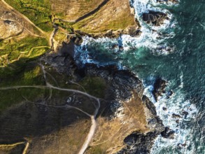 Top Down view over cliffs from a drone, Lizard Peninsula, South West Coast Path, Lizard, Cornwall,