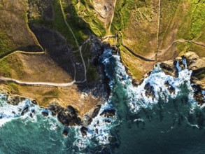 Top Down view over cliffs from a drone, Lizard Peninsula, South West Coast Path, Lizard, Cornwall,
