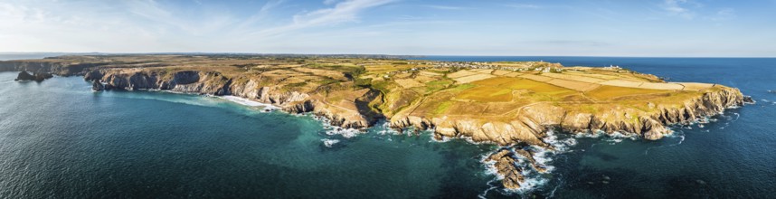 Panorama of Lizard Peninsula cliffs from a drone, South West Coast Path, Lizard, Cornwall, England,