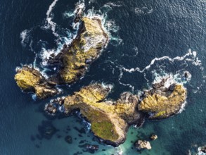 Top Down view over Kynance Cove from a drone, Mount's Bay, Lizard Point, Cornwall, England, United