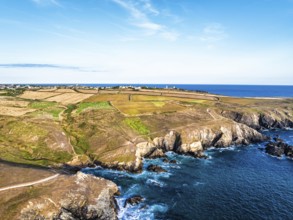 Lizard Peninsula cliffs from a drone, South West Coast Path, Lizard, Cornwall, England, United