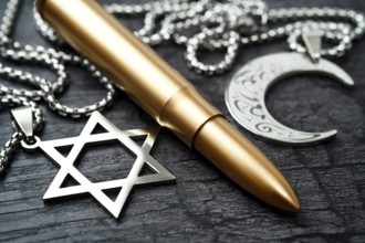 Rifle cartridge between chains with Star of David and crescent, symbolic photo Middle East and Gaza