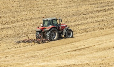 Autumn harrowing with tractor in Borrie, Ystad municipality, Skåne county, Sweden, Scandinavia