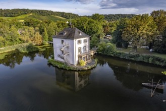 The Trappenseeschlösschen in the Trappensee in Heilbronn seen from the air, Baden-Württemberg,