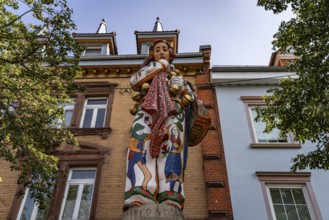 Hansel, historical figure of the Donaueschingen Fasnach on the Hansel fountain in Donaueschingen,