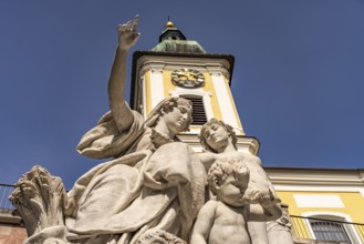 Group of figures of Mother Baar and the Catholic Church of St John in Donaueschingen,