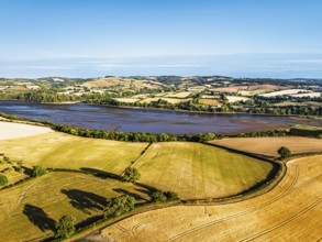 Farms and Fields over River Teign and Teignmouth Road from drone, Newton Abbot, Devon, England,