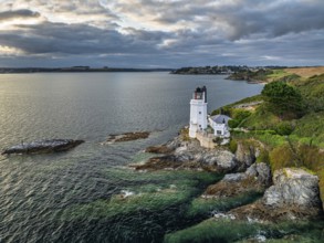St Anthony Lighthouse from drone, Roseland peninsula, Head circular walk, Cornwall, UK