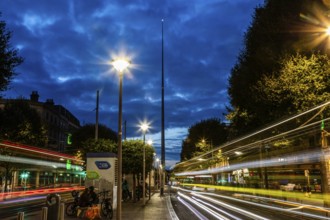 Traces of light at the blue hour, The Spire, Monument of Light, O'Connell Street, Dublin, Ireland