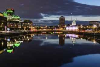 Buildings reflected in the River Liffey, night shot, Dublin, Ireland