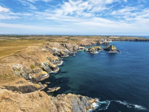 Kynance Cove from a drone, Mount's Bay, Lizard Point, Cornwall, England, United Kingdom