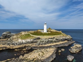 Godrevy Lighthouse from a drone, Godrevy Island, St Ives Bay, Cornwall, England, United Kingdom