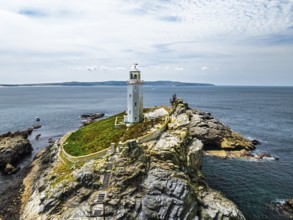 Godrevy Lighthouse from a drone, Godrevy Island, St Ives Bay, Cornwall, England, United Kingdom