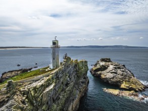 Godrevy Lighthouse from a drone, Godrevy Island, St Ives Bay, Cornwall, England, United Kingdom