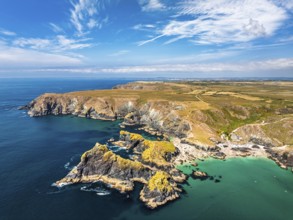 Kynance Cove from a drone, Mount's Bay, Lizard Point, Cornwall, England, United Kingdom