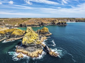 Kynance Cove from a drone, Mount's Bay, Lizard Point, Cornwall, England, United Kingdom