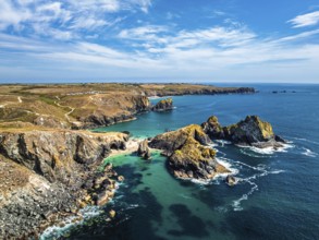 Kynance Cove from a drone, Mount's Bay, Lizard Point, Cornwall, England, United Kingdom