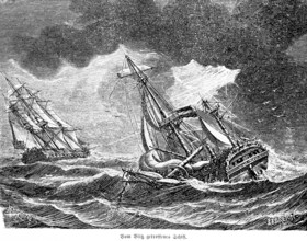 Ship struck by lightning, at sea, heavy seas, sailing ships, inventions in the 18th century,