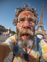 An elderly man takes an unflattering selfie with his smartphone in front of the Eiffel Tower in