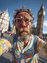 An elderly man takes an unflattering selfie with his smartphone in front of Big Ben in London City,