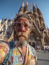 An elderly man takes an unflattering selfie with his smartphone in front of the Sagrada Familia in