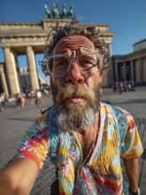An elderly man takes an unflattering selfie with his smartphone in front of the Brandenburg Tor in
