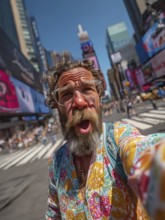 An elderly man takes an unflattering selfie with his smartphone in front of Time Square in New York