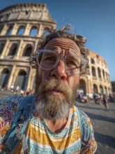 An elderly man takes an unflattering selfie with his smartphone in front of the Colosseum in Rome,