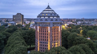 Aerial view of the ski jump tower in Sternschanzenpark zur Blauen Stunden, Hamburg, Germany