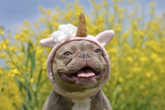 Cute French Bulldog dog with funny pink unicorn headband in front of blurry yellow flowers