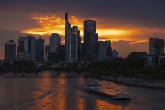 The sun breaks through the clouds behind the Frankfurt banking skyline shortly in front of setting,