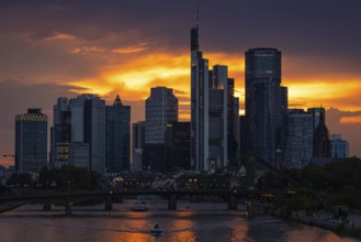 The sun breaks through the clouds behind the Frankfurt banking skyline shortly in front of setting,