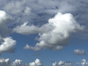 Cumulus clouds at the bottom edge of the image, large white cumulonimbus cluster cloud towering in