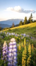 Late summer country landscape with colorful blooming meadow and sunbeam, AI generated