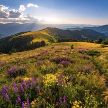 Late summer country landscape with colorful blooming meadow and sunbeam, AI generated