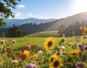 Late summer country landscape with colorful blooming meadow and sunbeam, AI generated