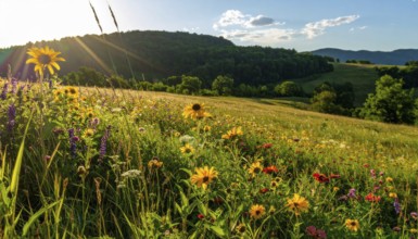 Late summer country landscape with colorful blooming meadow and sunbeam, AI generated