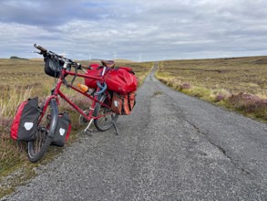 A fully loaded bicycle stands on a long country road in a wide landscape, Adventure, Cycling tour,