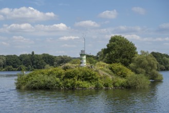 Lighthouse on the island on Lake Kemnader, Heveney, Witten, Ruhr area, North Rhine-Westphalia,