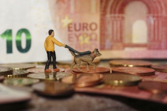 Miniature figure man with miniature shepherd dog on a lead, with coins and ten euro note North
