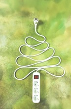 A power strip is arranged in the shape of a Christmas tree, artistically placed on a vibrant green