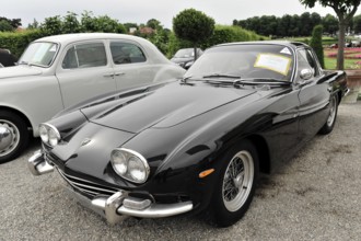 Lamborghini 400 GT, Classic car, Elegant black sports car stands next to another white classic car,