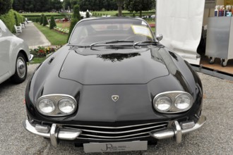 Lamborghini 400 GT, classic car, black sports car exhibited in an elegant setting, classic design,