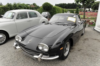 Lamborghini 400 GT, classic car, black sports car in a classic exhibition scene from the side,