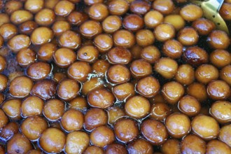 Udaipur, Rajasthan, North India, Asia, close-up of Gulab Jamun, swimming in syrup and looking shiny