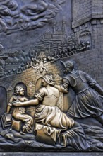 Prague, Czech Republic, Europe, Close-up of a medieval relief with figures and architectural