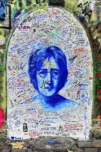 John Lennon wall, graffiti, Prague, Czech Republic, Europe, John Lennon's portrait in blue with