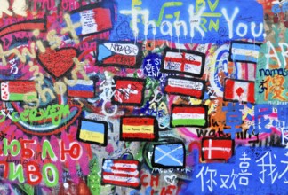 John Lennon Wall, Graffiti, Prague, Czech Republic, Europe, Graffiti with various flags and